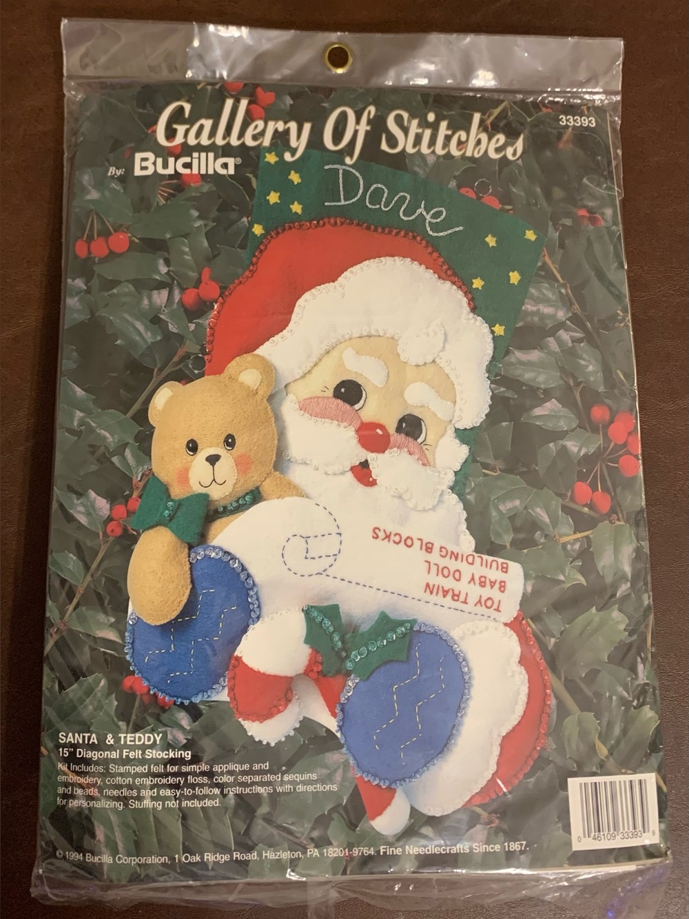 Vintage - 1994 - Bucilla “ Santa & Teddy” Diagonal 15” Felt Stocking Kit. #33393